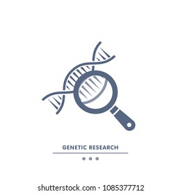 DNA, Genetics Research. Dna Chain In Magnifying Glass Sign. Genetic Engineering, Cloning, Paternity Testing, DNA Analysis. Vector Illustrationicon