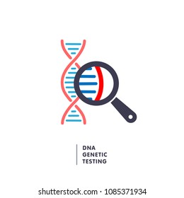 DNA, Genetics Testing Icon. Dna Chain In Magnifying Glass Sign. Genetic Engineering, Cloning, Paternity Testing, DNA Analysis. Vector Illustration