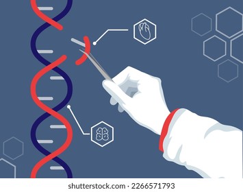 DNA genome. Genetics modification engineering. Baby genetically experiments. Gene editing. Doctor holds crispr in tweezers. Biotechnology science research. Vector illustration concept