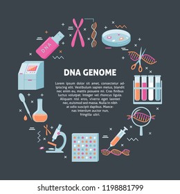 DNA Genome Research Round Concept In Flat Style