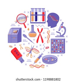 DNA Genome Research Round Concept In Flat Style