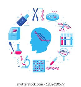 DNA Genome Research Round Concept In Flat Style