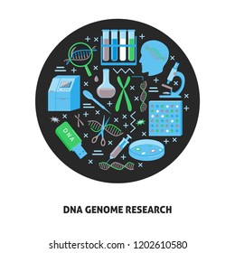 DNA Genome Research Round Concept In Flat Style