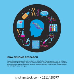 DNA Genome Research Round Concept In Flat Style