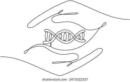 DNA in hands continuous one line drawing. Genome linear structure symbol. Vector illustration isolated on white background.