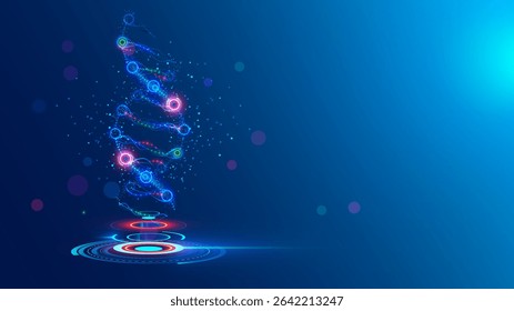 DNA is hanging over a digital virtual podium. DNA molecule vector illustration or science background. The virtual projection of structure of the DNA molecule. Genetic engineering and editing gene.
