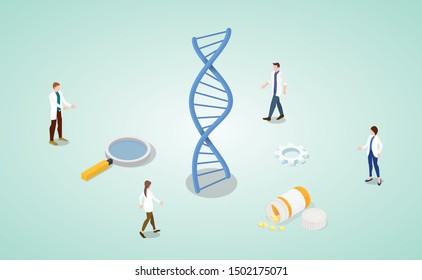 dna helix analysis concept with team doctor research with isometric modern flat - vector 