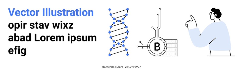 DNA helix, blockchain with Bitcoin symbol, and person pointing to the right. Ideal for scientific research, genetic engineering, cryptocurrency, tech discussions, educational content, web