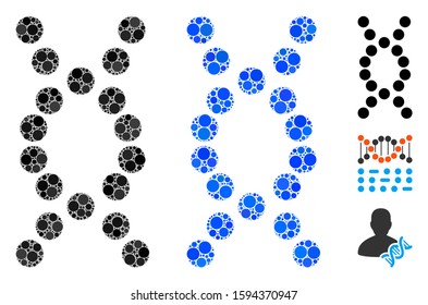 DNA Helix Composition Of Round Dots In Variable Sizes And Color Tones, Based On DNA Helix Icon. Vector Round Dots Are Composed Into Blue Composition. Dotted DNA Helix Icon In Usual And Blue Versions.