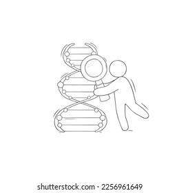 DNA helix, gene molecule icon. Concept of genetic science, biotechnology research with doodle man with magnifying glass and spiral structure of genetic code, vector hand drawn illustration