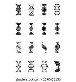 DNA helix glyph icons set. Deoxyribonucleic, nucleic acid structure. Spiraling strands. Chromosome. Molecular biology. Genetic code. Genome. Genetics. Silhouette symbols. Vector isolated illustration