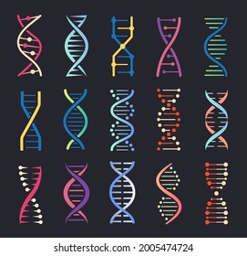 Dna helix icons. Gene spiral molecule structure, human genetic code, chromosome chain logo. Genetics science, biochemistry icon vector set. Laboratory or clinic research, medical testing