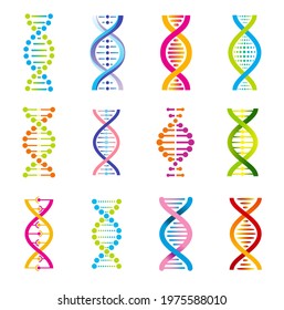 DNA helix icons of genetics medicine vector design. Colorful genetic molecules of DNA strand, human chromosome chains, gene cells and codes, biotechnology, biology, chemistry or nanotechnology themes