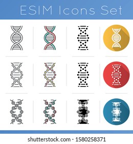 DNA helix icons set. Deoxyribonucleic, nucleic acid structure. Spiraling strand. Chromosome. Molecular biology. Genetic code. Flat design, linear, black and color styles. Isolated vector illustrations