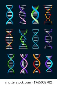 Hélice de ADN aisló iconos vectoriales de la genética y la ciencia de la biotecnología. Filas espirales de legado genético, doble hélice de molécula de ADN humano con cromosomas y átomos coloridos