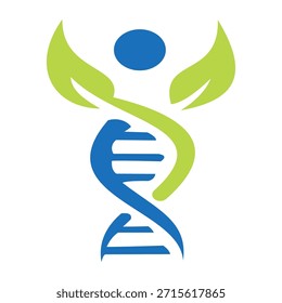 DNA helix logo combined with human figure, representing healthcare, biotechnology, genetics, medical research, and wellness innovation.