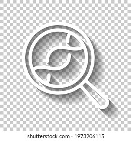 DNA helix and magnify, laboratory test, simple icon. White linear icon with editable stroke and shadow on transparent background