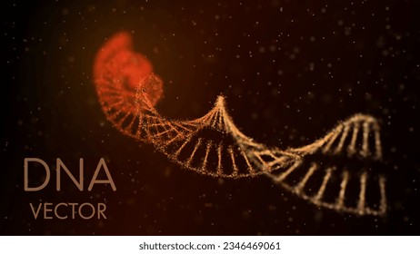 DNA helix in a medium of particles. Depth of field. 3D. Medical science background. Gene cell concept vector. Warm colors.