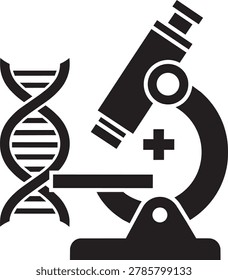 DNA helix and microscope icons. Representing genetics, biology, science, research, and discovery.