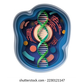 Dna helix molecule 3d model vector background. Gene engineering, evolution and medical science paper cut art style abstract icon. Medicine, biology and chemistry technology illustration