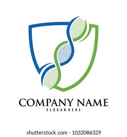 DNA helix scientific laboratory with shield vector logo design template