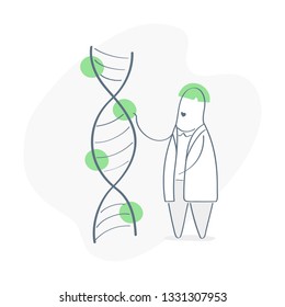 DNA helix spiral molecule structure and doctor scientist near it. Science, genetics, bio engineering, DNA sequence concept. Outline nanotechnology and biochemistry vector on white background.