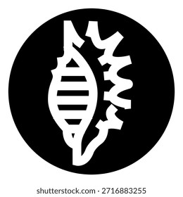 Estructura de hélice de ADN que se fusiona con un engranaje mecánico dentro de un icono circular negro, que representa la ingeniería genética, la biotecnología, la ciencia y la innovación