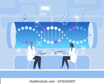 DNA helix study, research flat vector illustration. Doctors, scientists working with laptops cartoon characters. Futuristic medical technology, genetic engineering. Microbiology lab experiment