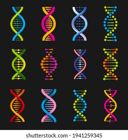 Dna helix symbols, genetic medicine vector signs. Spiral molecule structure, science and scientific research, human gene code evolution. Colorful Dna design elements isolated on black background