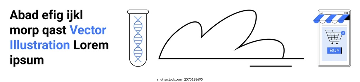 DNA helix in a test tube, abstract line art, and a shopping cart icon are visible. Ideal for science, e-commerce, technology, education, healthcare. Banner for landing page