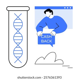 A DNA helix in a test tube, a person holding a Cash Back sign, and abstract cloud shapes. Ideal for topics of genetics, biotechnology, financial benefits, scientific research, and innovation. Simple