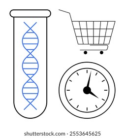 DNA helix in a test tube, a shopping cart, and a clock in minimalist style. Ideal for themes like biotechnology, genetics, e-commerce, time management, and health science. Line art, minimalistic