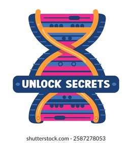 Dna helix with unlock secrets typography, flat sticker 

