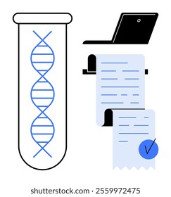 DNA helix within a test tube, alongside a laptop and documents, ideal for themes like genetic research, biotechnology, scientific data analysis, medical studies, and laboratory work. Simplistic style