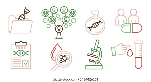 Colección de iconos de prueba de herencia de ADN. Informe de análisis genético. Información de paternidad. Icono de esquema, signo, pictograma. Concepto médico. Ilustración vectorial editable aislada sobre un fondo blanco.