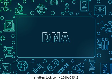 DNA horizontal colorful linear frame. Vector illustration made with deoxyribonucleic acid outline icons on dark background