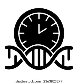 DNA human clock solid icon, human health concept, dna with alarm clock sign on white background, dna time icon in glyph style for mobile concept and web design. Vector graphics