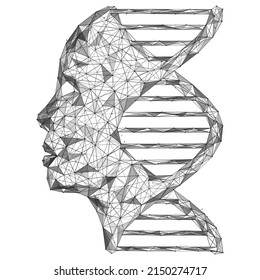DNA  with a human face. Genealogical information. Polygonal design of interconnected lines and points.