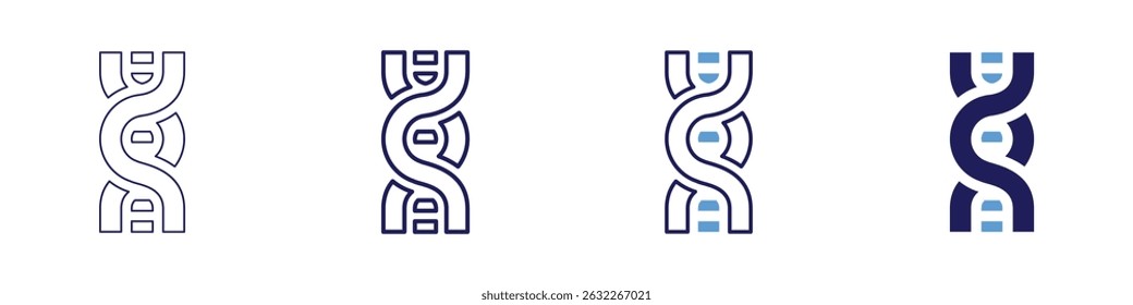 DNA-Symbol in 4 verschiedenen Stilen. Dünne Linie, Linie, Fette Linie, Duotone. Duotone-Stil. Bearbeitbarer Strich.