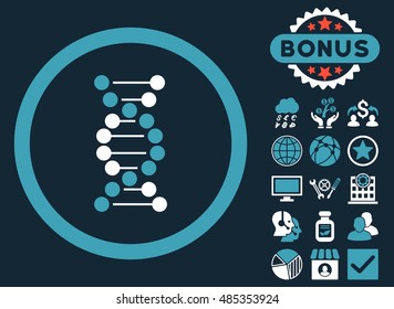 DNA icon with bonus elements. Vector illustration style is flat iconic bicolor symbols, blue and white colors, dark blue background.