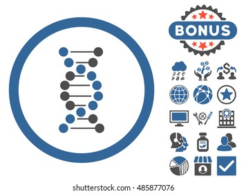 DNA icon with bonus images. Vector illustration style is flat iconic bicolor symbols, cobalt and gray colors, white background.