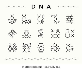 Sammlung von DNA-Symbolen. Paket mit Web-Symbolen. Lineares Symbol suchen. Dazu gehören Labor, Forschung, Biotechnologie, Wissenschaft, Biotechnologie und mehr.