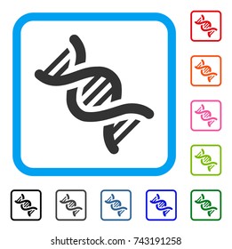 DNA icon. Flat grey pictogram symbol inside a light blue rounded frame. Black, gray, green, blue, red, orange color versions of DNA vector. Designed for web and application user interface.