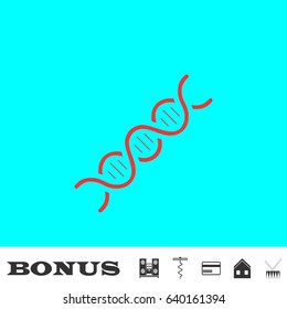 DNA icon flat. Red pictogram on blue background. Vector illustration symbol and bonus buttons Music center, corkscrew, credit card, house, drum