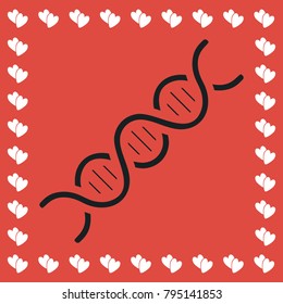 DNA icon flat. Simple black pictogram on red background with white hearts for valentines day. Vector illustration symbol