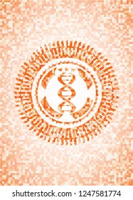 dna icon inside abstract orange mosaic emblem