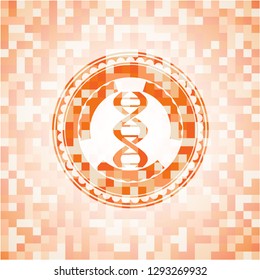 dna icon inside abstract orange mosaic emblem