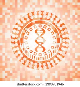 dna icon inside abstract orange mosaic emblem