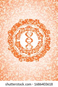 dna icon inside abstract orange mosaic emblem