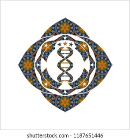 dna icon inside arabic badge background. Arabesque decoration.